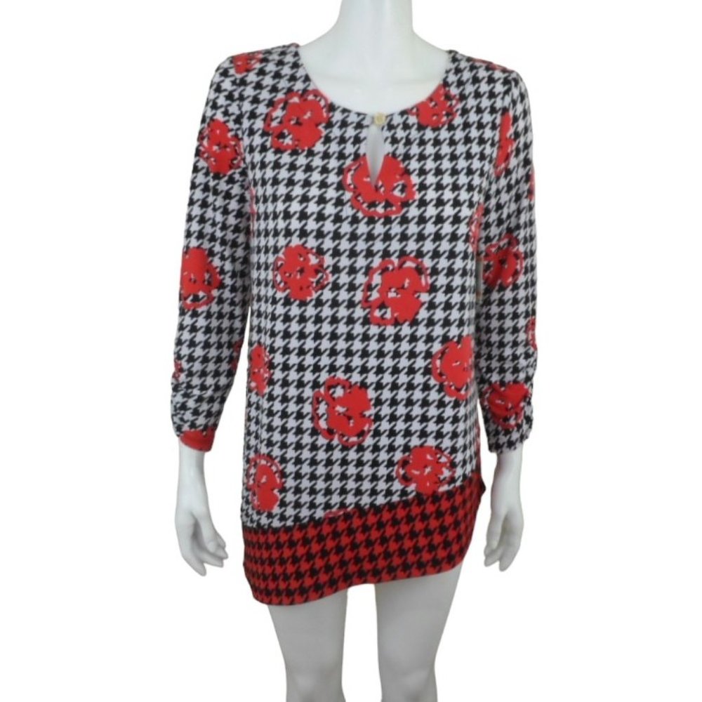 Anne Klein Red Black Houndstooth Floral Asymmetrical 3/4 Sleeve Top